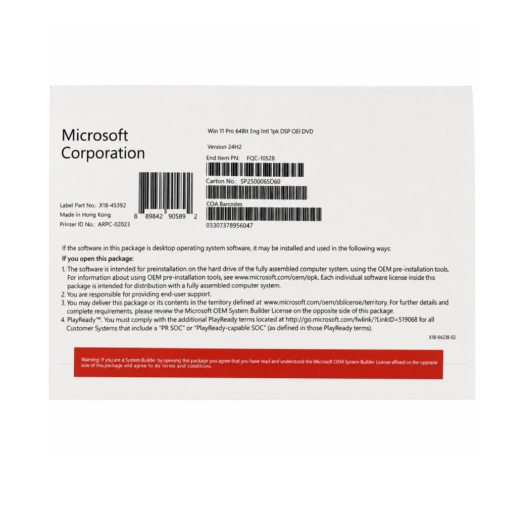 Phần mềm Microsoft Windows Pro 11 64Bit Eng Intl 1pk DSP OEI DVD (FQC-10528)