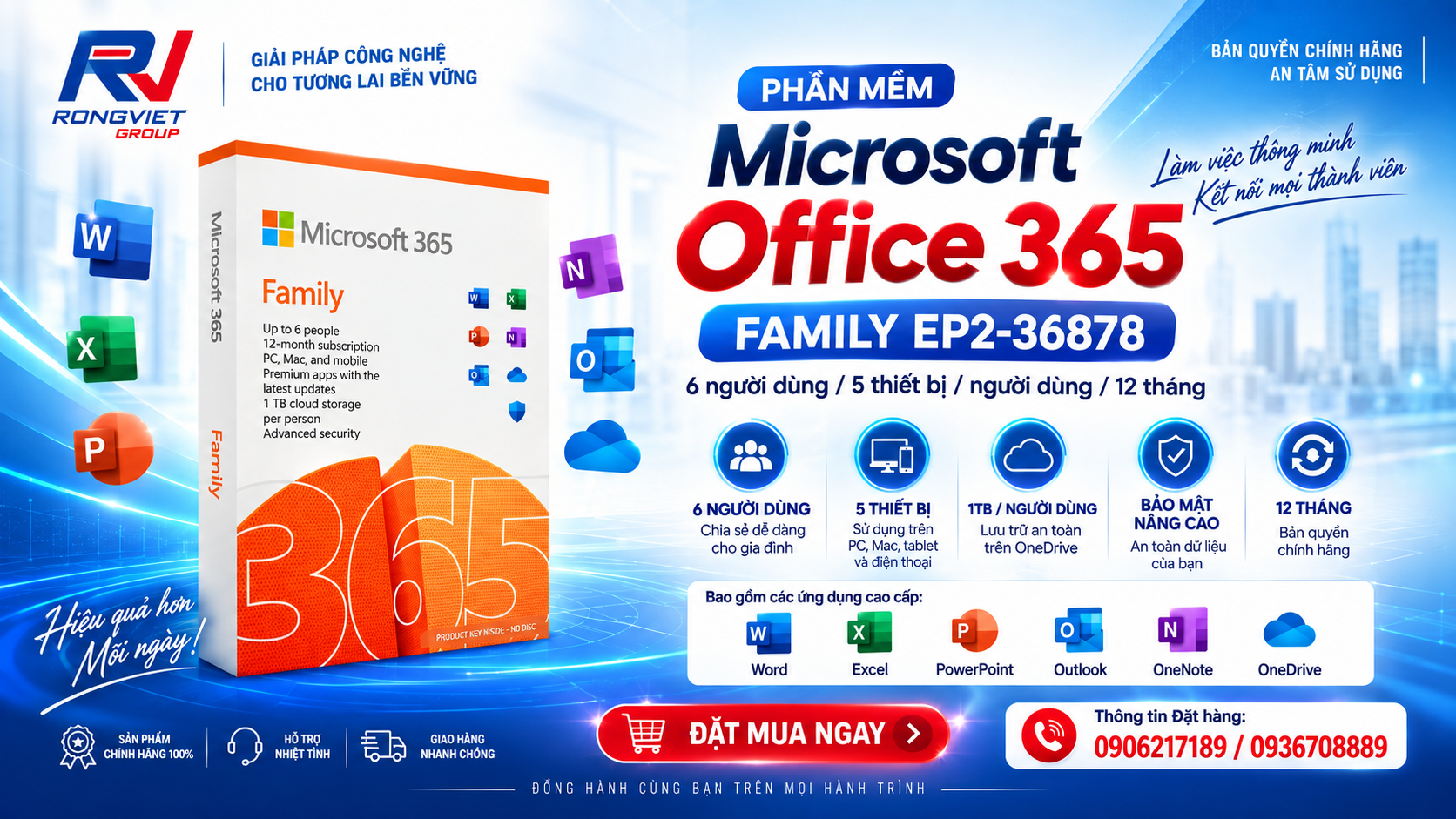 Phần mềm Office Microsoft 365 Family EP2-36878 (6 người/ 5 thiết bị/ người/ 12 tháng)