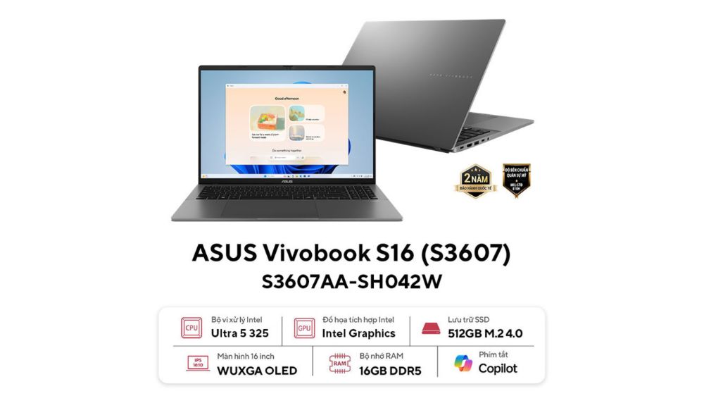 Laptop Asus Vivobook S16 S3607AA-SH042W (Intel Core Ultra 5 325 | 16GB | 512GB | Intel Graphics | 16 inch WUXGA OLED | Win 11 | Xám)