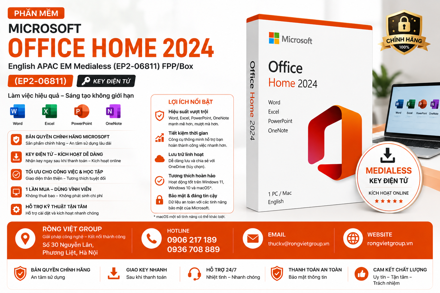 Phần mềm Microsoft Office Home 2024 English APAC EM Medialess (EP2-06811) FPP/Box