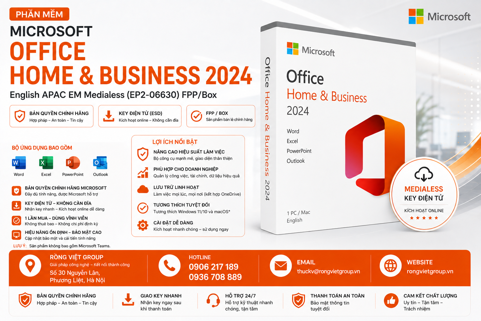 Phần mềm Microsoft Office Home & Business 2024 English APAC EM Medialess (EP2-06630) FPP/Box
