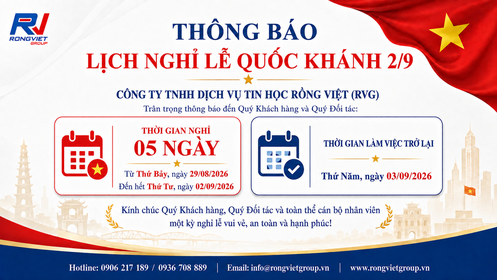  THÔNG BÁO LỊCH NGHỈ LỄ QUỐC KHÁNH 2/9/2026