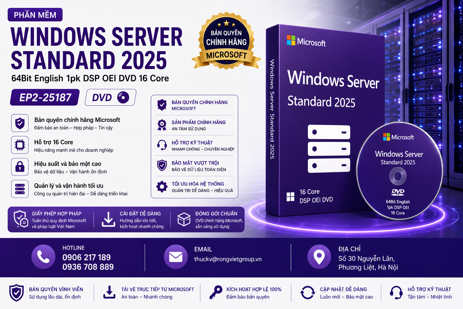 Phần mềm Windows Server Standard 2025 64Bit English 1pk DSP OEI DVD 16 Core EP2-25187